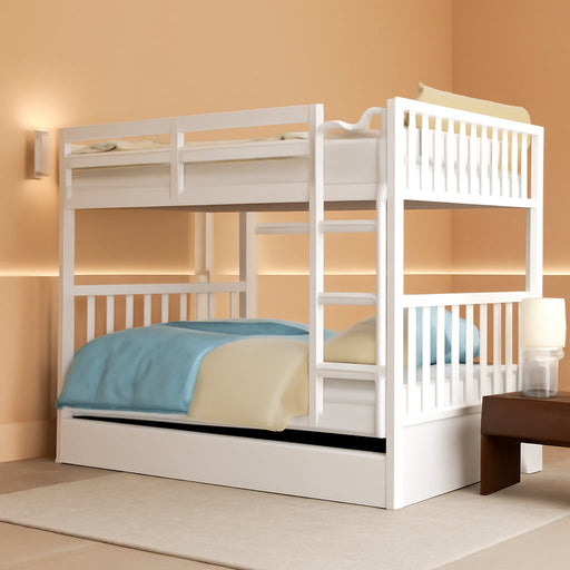 Wood Bunk Bed with Drawers,Convertible Bunk Bed with Ladders and Two Storage Drawers,Solid Wood Detachable Bed Frame with Ladders,Full over Full,White