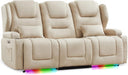 RV Power Loveseat Recliner Sofa, Leathaire Fabric 3-Seater Wall Hugger Reclining Sofa, Home Theater Seating Chair with Cup Holders, 3 Person Couch RV Furniture for Living Room, Beige