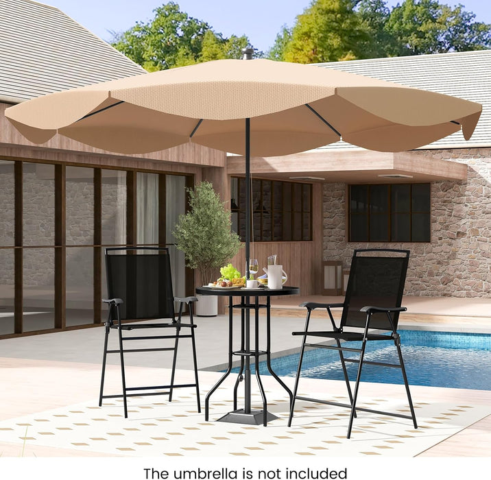 3 PCS Patio Table and Chairs Set, Bistro Furniture with DPC Tabletop, Umbrella Hole, Outdoor Bar Set with round Table and 2 Folding Counter Height Chairs for Poolside, Deck, Porch, Black