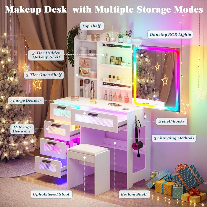 Vanity with LED Mirror, 6 Drawer Dresser with Charging Station for Bedroom, Small Makeup Vanitys Table with RGB Light, Vanity Set with Chair,Jewelry Organizer for Girls-White
