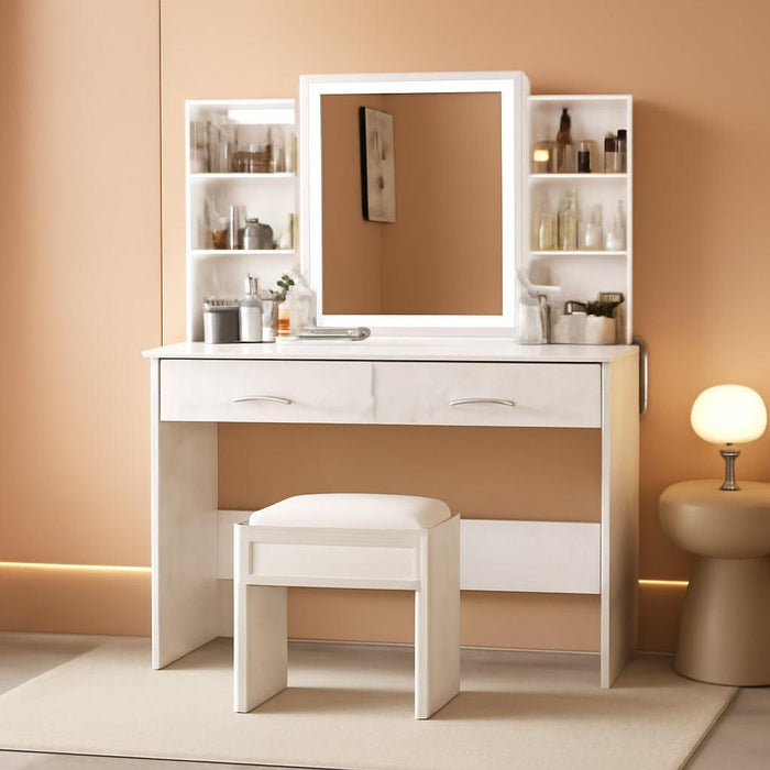 Vanity Desk with Lights | Tri-Mode LED Lighted Mirror & Charging Station | Makeup Vanity Set with 6 Shelves, 2 Drawers, Soft Cushion Stool | Dimmable Vanity Desk for Bedroom (Marble White)
