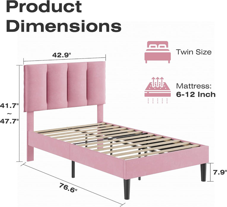 Twin Size Bed Frame with Upholstered Headboard, Velvet & Pink