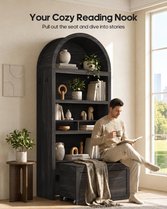 76.6" Arched Bookshelf with Rolling Storage Bench, Wood Tall Arch Bookcase | 5-Tier with Bookshelf Riser, Multi-Functional Display Cabinet, Bookshelf with Storage for Living Room, Entryway