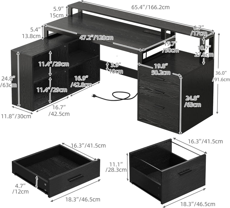 L Shaped Desk with Drawers, 65" Computer Desk with Power Outlets & LED Lights, Corner Home Office Desk with Storage Shelves & Printer Stand, Black