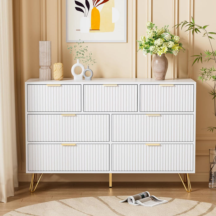 White Dresser 47InchWide FlutedDrawersWithGoldPulls