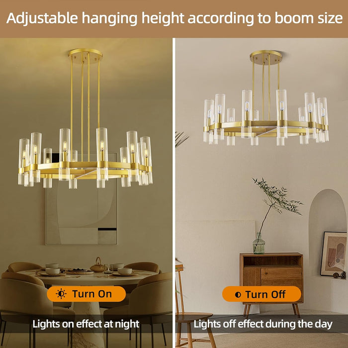 12 Light Brass round Chandelier 36" Wagon Wheel Chandeliers for Dining Room Light Fixture Clear Glass Tube Chandelier Modern Farmhouse Chandeliers for Livingroom Foyer, Bulb Included