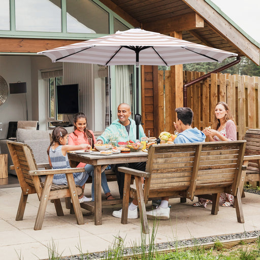 9 FT Patio Umbrella W/ Push Button Tilt and Crank Outdoor Umbrella, 8 Sturdy Ribs, UV Protection, Solution-Dyed Fabric, Beige and White Stripe