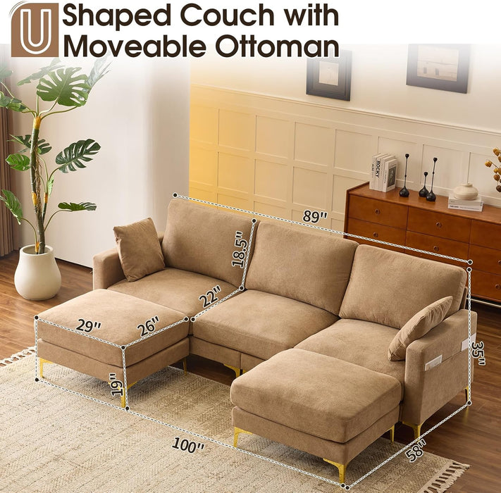 Khaki OneHundredInch U Shaped Chenille Luxurious Couch