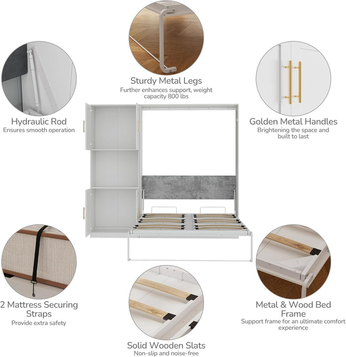 Modern Queen Size Murphy Bed, Hidden Foldable Wall Cabinet Bed Frame with Wood Slat, Space-Saving, No Spring Box Required, 95.85W'', White