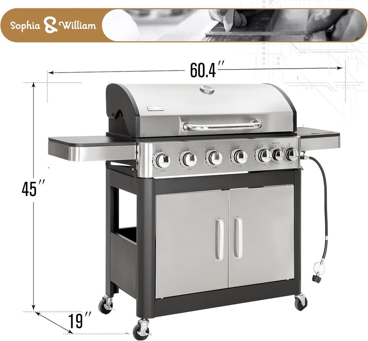 6-Burner Propane Gas BBQ Grill with Side Burner & Porcelain-Enameled Cast Iron Grates, Stainless Steel Barbecue Grills Outdoor Cooking for Outside, 665 SQ.IN. Cooking Area, 65,800BTU