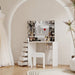 Corner Vanity Desk with Mirror and Led Lights - Makeup Table with 5 Drawers, Shelves, and Vanity Stool - Perfect for Bedroom or Bathroom, White