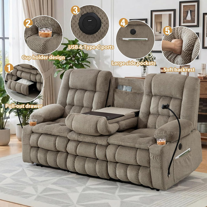 Manual Reclining Sofa with 2-Layer Cushion, Home Theater Seat Reclining Couch with Hidden Drawers & Phone Holder, RV Wall Hugger Recliner Sofa with 3 Seater & Console (Gold, 77‘’)