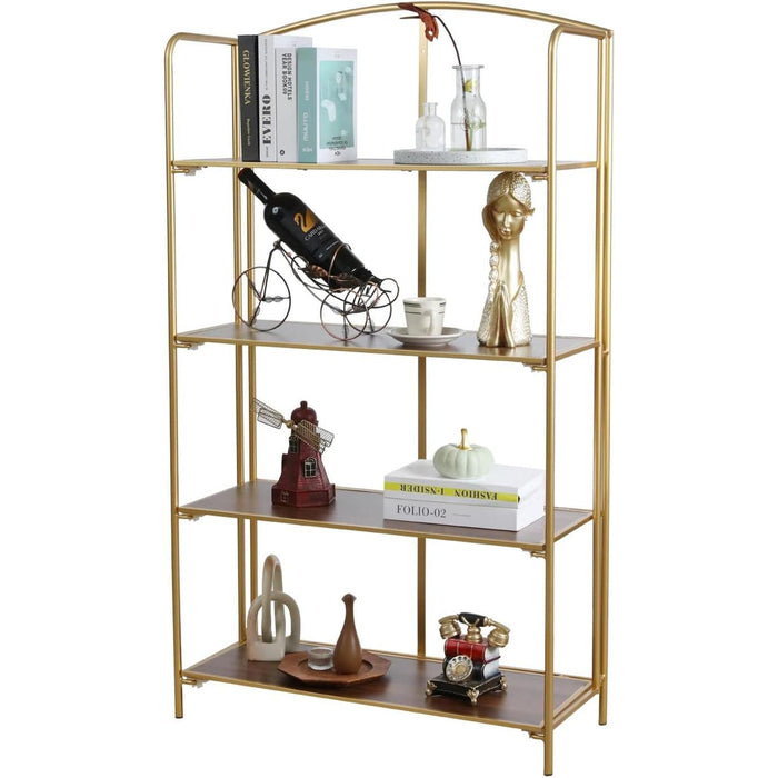No Assembly Folding Bookshelf for Living Room, 4 Tier Gold Collapsible Book Shelf for Home Office, Portable Bookcase Storage Organizer