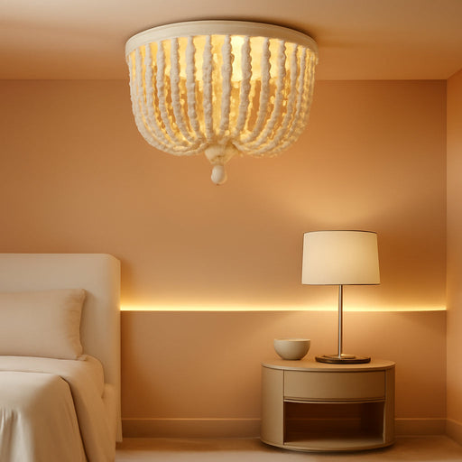 White Boho Beaded Chandeliers Flush Mount Ceiling Light,3-Lights Small Chandelier Light Fixture for Bedroom,Kitchen,Dining Room,Living Room,Stairway Gazebo