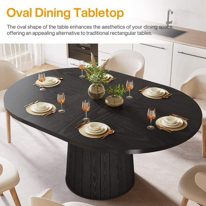 Oval Dining Table for 6 People, 55.11-Inch Farmhouse Kitchen Dinner Table with Cylindrical Pedestal (All Black)