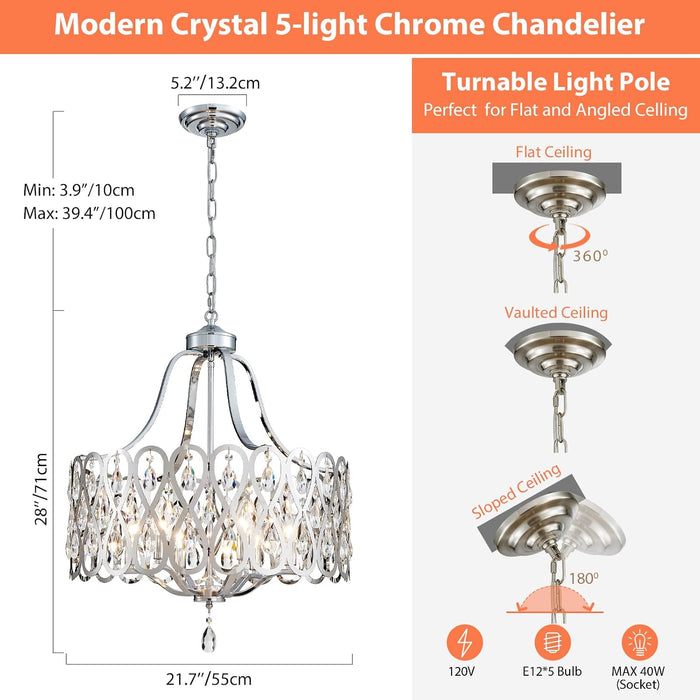 21.7" Chrome Chandelier for Dining Room over Table round Crystal 5-Light Hanging Pendant Lighting with Metal Shade Adjustable Height for Living Room Bedroom Foyer