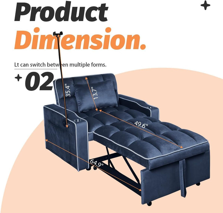 Blue Convertible Sleeper Chair With Integrated Cupholder