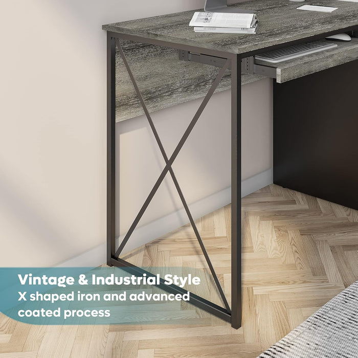 Office Desk with Drawers, 55 Inch Industrial Computer Desk with Storage, Wood Teacher Desk with Keyboard Tray & File Drawer for Home Office, Dark Gray Oak