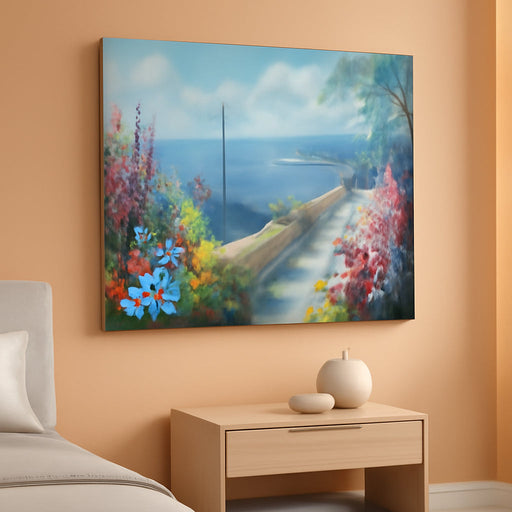 Blue Landscape Wall Art Canvas for Living Room Ocean Coastal Mediterranean Painting Bedroom 100% Hand Painted Seascape Garden Flower Picture Artwork Large Framed Home Office Wall Decor, 48"X24"
