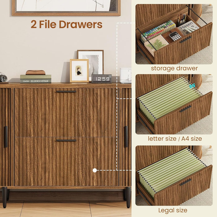 39.4Inch 2Drawer Filing Cabinet Fluted Brown Finish