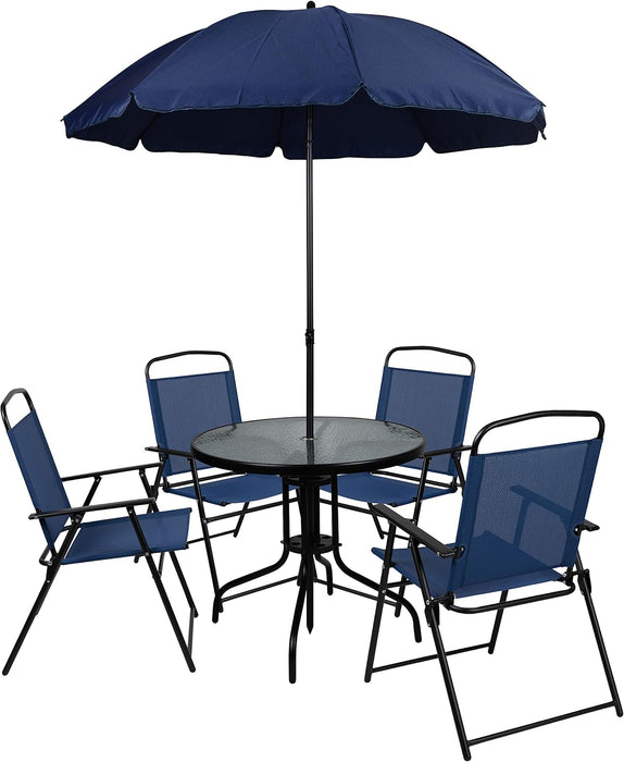 6 Piece Navy Patio Garden Set with Table, Umbrella and 4 Folding Chairs