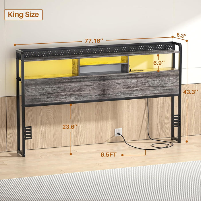 Headboard for King Size Bed with Storage Shelf, Head Board with 3 Outlets and 2 USB Ports, Headboards with RGB LED Light, Height Adjustable, Sturdy and Stable, Easy Assembly, Black Oak
