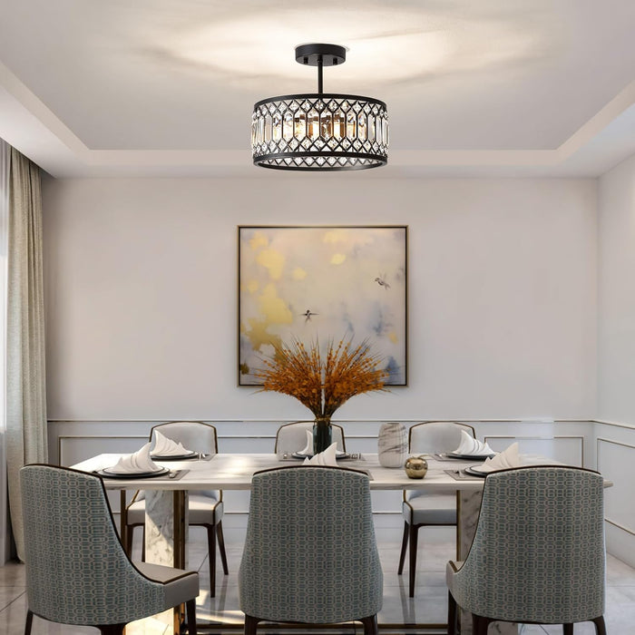 Crystal Black Ceiling Light, Modern Semi Flush Mount Ceiling Lighting Fixture, round Hallway Lighting Fixtures Chandelier for Kitchen Entryway Bedroom Dining Room, 3-Light, 12.2 Inch