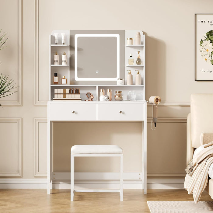 White Vanity with Lighted Mirror, 8 Shelves, 2 Drawers, Charging Station, Hair Dryer Holder & Stool, LED Mirror with 3 Light Modes