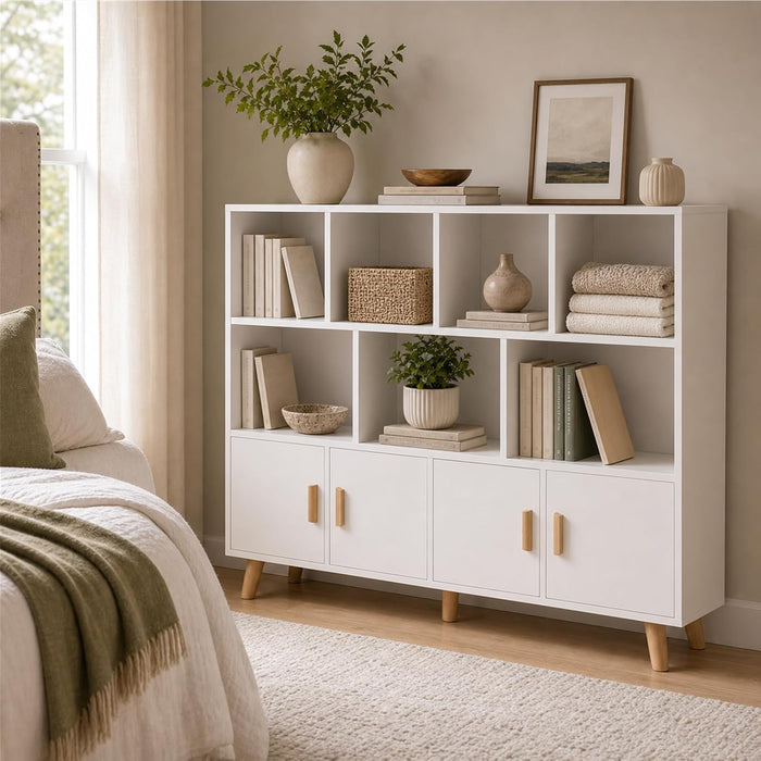 11-Cube Bookcase with Doors, 3-Tier Storage Cabient, Warm White | Solid Wood Legs and Door Handles, Cubby Shelf with 4 Doors, Fits 11×11" Bins for Home & Office