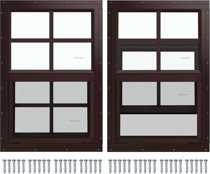 2 Pack Shed Window, 14" W X 21" H Flush Mount Window with Tempered Glass for Sheds, Chicken Coops, Garage and Playhouse (Brown)