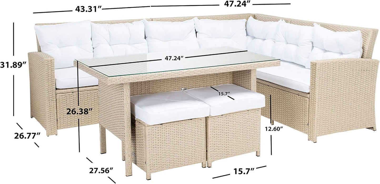 SAFAVIEH Outdoor - Miki 6-Piece Corner Sectional - Beige & White - Faux Wicker & Steel Frame - Wicker Sectional Set with Glass Table - Ideal for Patio, Deck, Porch, Backyard (PAT7708B)