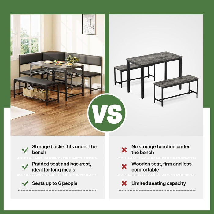 Kitchen Breakfast Nook Table Set with Soft Seat, Corner Dining Table Set for 4-6 People, Dining Room Sets for 4, Space Saving Kitchen Booth Seating with Table for Small Space, Deep Grey