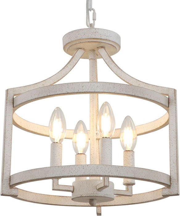 4-Light Farmhouse Chandelier, Distressed Hanging Pendant Lighting, Convertible Semi Flush Mount Ceiling Light Fixture Vintage White Metal Chandeliers for Dining Room Kitchen Foyer Entryway