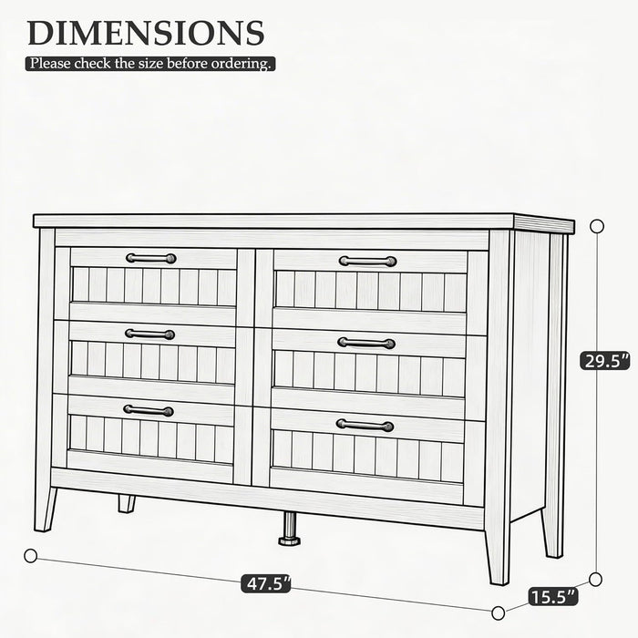 Farmhouse 6 Drawer Dresser with Charging Station & LED Lights, Slim Wooden Bedroom Dresser, Rustic Chest of Drawers Clothes Storage Organizer for Closet Dorm Apartments, White