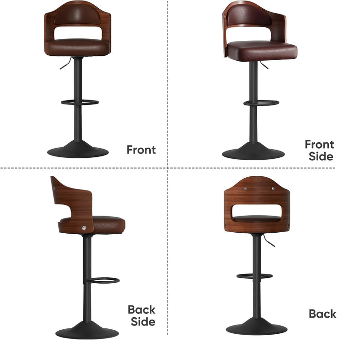 Swivel Bar Stools Set of 3,Bentwood Adjustable Height Barstools | Upholstered Seat,Easy-Clean PU Leather,Back& Footrest, Mid Century Modern Bar Chair for Counter, Kitchen Island, Brown