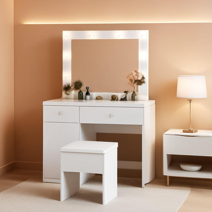 Vanity Desk with Mirror, 11 LED Lights and Power Outlet, Makeup Vanity Set with Storage Cabinet, Drawers and Chair, White Dressing Table with 3 Adjustable Light Modes for Bedroom