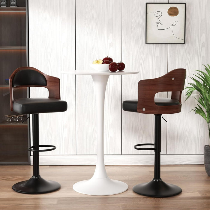 Modern Swivel Bar Stools Set of 2, Wooden Upholstered PU Leather Barstools with Back & Footrest, Counter Height Bar Chairs for Kitchen Island, Black