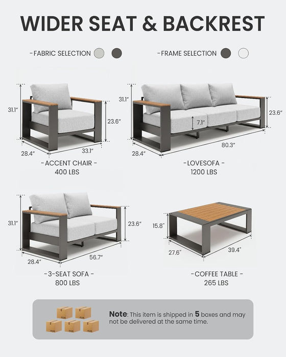 Oversized Aluminum Patio Furniture Set, 5 Pieces Luxury Outdoor Furniture Set with 7.1" Extra Thick Cushion, Modern Outdoor Sectional with Coffee Table for Porch, Garden and Deck, Gray