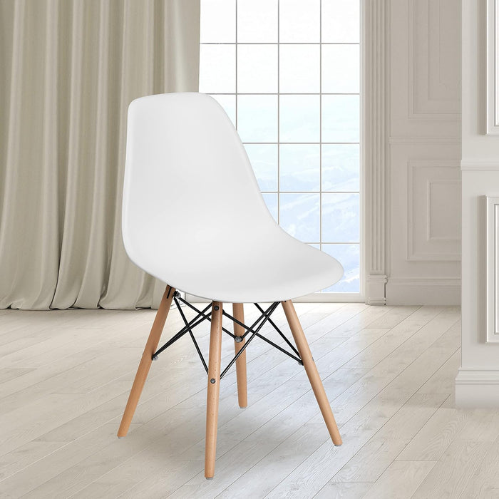 Elon Series Plastic Modern Dining Chair with Wooden Legs, Mid-Century Modern Accent Chair for Dining Rooms and Offices, White