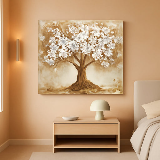 White Gold Tree of Life Wall Art, Blooming Flower Tree Extra Large Artwork, Abstract Landscape Canvas Art Prints, Modern Oversized Pictures Wall Decor Living Room Office Ready to Hang 29"X57"