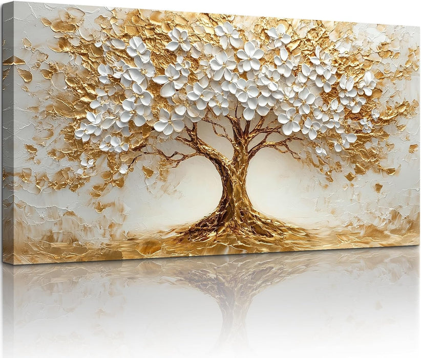 White Gold Tree of Life Wall Art, Blooming Flower Tree Extra Large Artwork, Abstract Landscape Canvas Art Prints, Modern Oversized Pictures Wall Decor Living Room Office Ready to Hang 29"X57"
