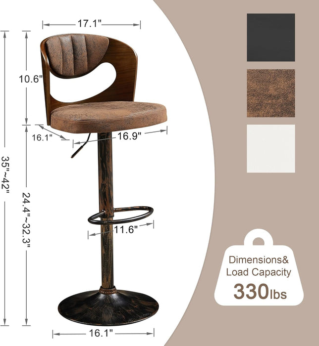 Barstools Set of 4,Kitchen Island Stools with Bentwood Back,Arm&Footrest,Counter Height Bar Chairs PU Leather Cushion Seat Adjustable Height 360°Swivel,Island Chairs for Club Pub,Rustic Brown