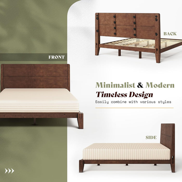Solid Wood Full Bed Frame with Headboard, Japanese Joinery, Walnut