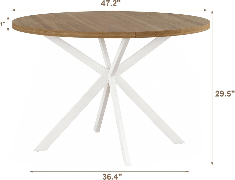 47.2 Inch round Dining Table for 4 | Farmhouse Wood Kitchen Table, Circle Dinner Table for Kitchen & Dining Room, Walnut & White