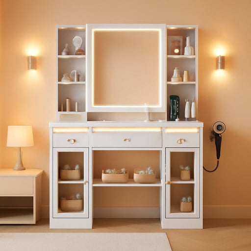 43.3" White Large Makeup Vanity Desk with Glass Top & RGB Lights | Smart LED Mirror, Acrylic-Cabinet, Charging-Station, Hairdryer-Rack