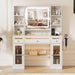 43.3" White Large Makeup Vanity Desk with Glass Top & RGB Lights | Smart LED Mirror, Acrylic-Cabinet, Charging-Station, Hairdryer-Rack