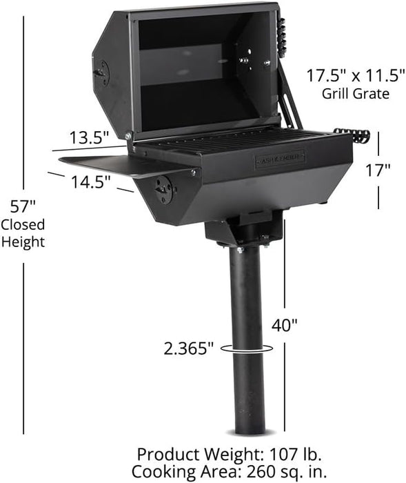 Ash & Ember Park-Style Grill/Smoker, 260 Sq in Charcoal Grill with Cover, 17.5"X11.5" Grate, Side Shelf for Food Prep, Single Post Permanent Park-Style Grill for Outdoor Backyard BBQ