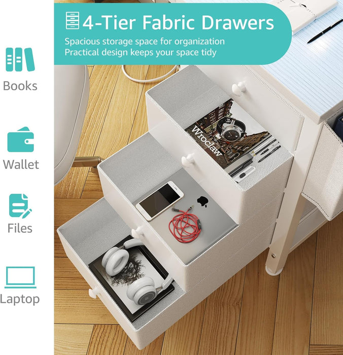 White Desk with 4 Drawers - 47 Inch Gaming Desk with Monitor Stand, Computer Gaming Desk with LED Lights Power Outlets and Storage Bag Fabric Drawer for Home Office, Bedroom, White