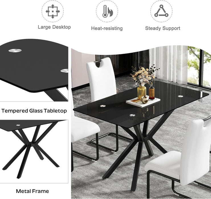 5 Pieces Modern Luxury Glass Dining Set, Minimalist Rectangle Dinner Room Set for 4, 47'' Black Glass Top Kitchen Table Set with Black Tufted Chairs, for Small Apartment Home