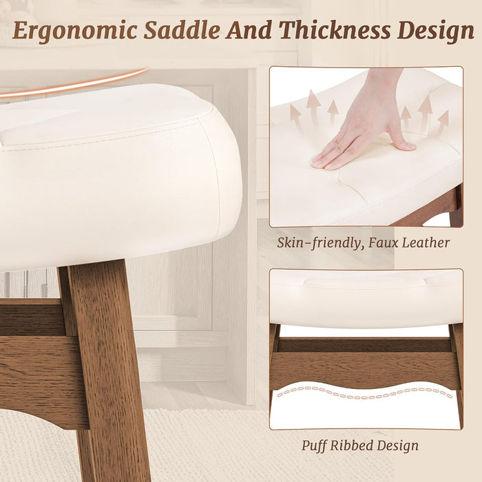 Bar Stools Set of 3, 24" Backless Saddle, Ivory Faux Leather